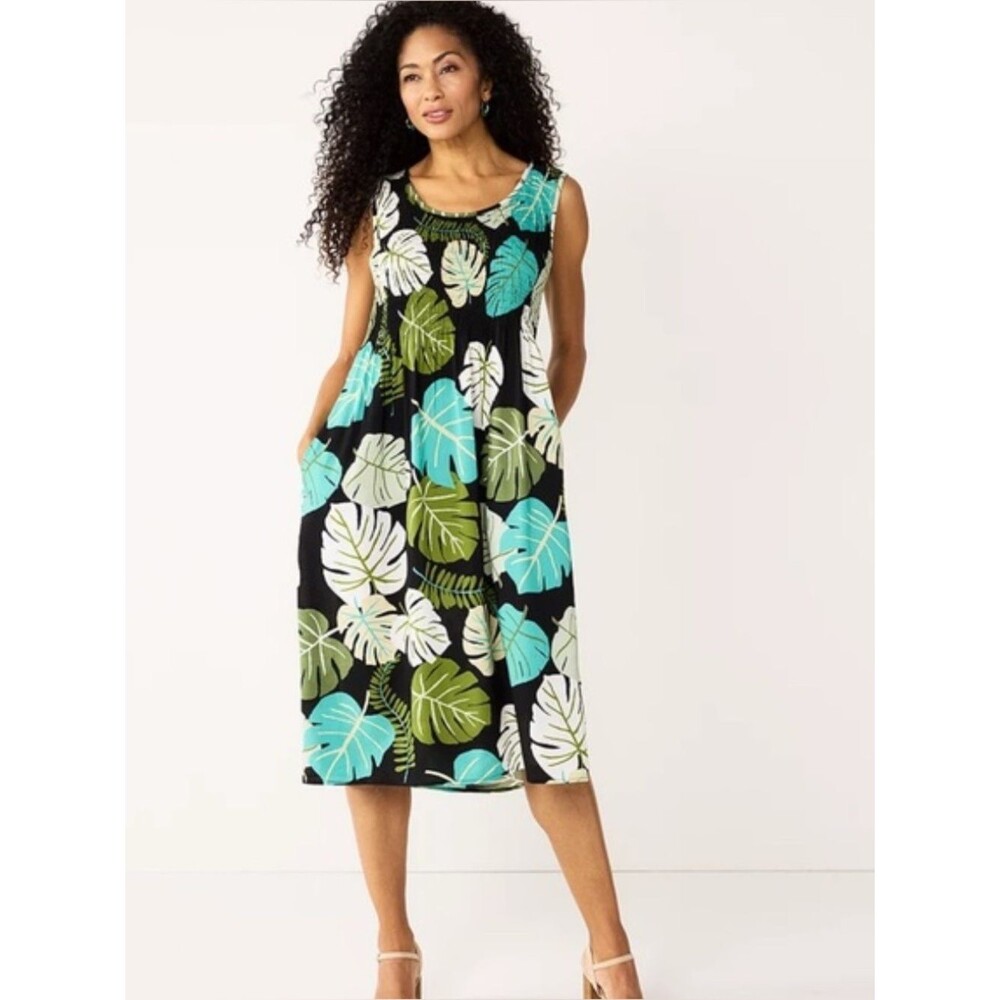 Croft and Barrow smocked tropical print midi dress with pockets size small NWT